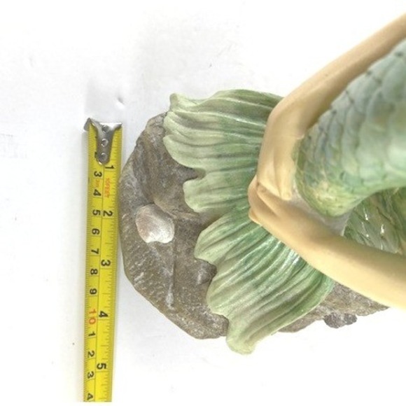Mermaid Figurine Sitting on Rock Shells Iridescent Green Tail Statue 12 inch - Picture 9 of 10